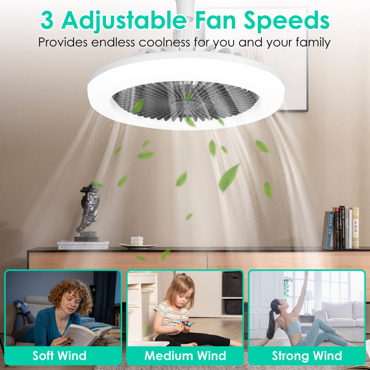 Ceiling Fan With Lights Remote Control 9.44in E27 Socket Fanlight With Dimmable Dimming Light Color Brightness 3 Fan Speed Timer Function