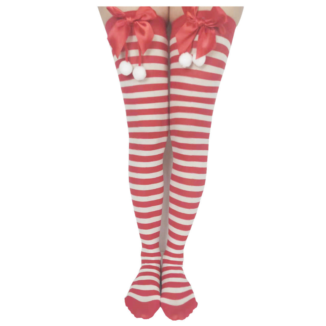 Christmas Striped Socks With Bow Fur Balls