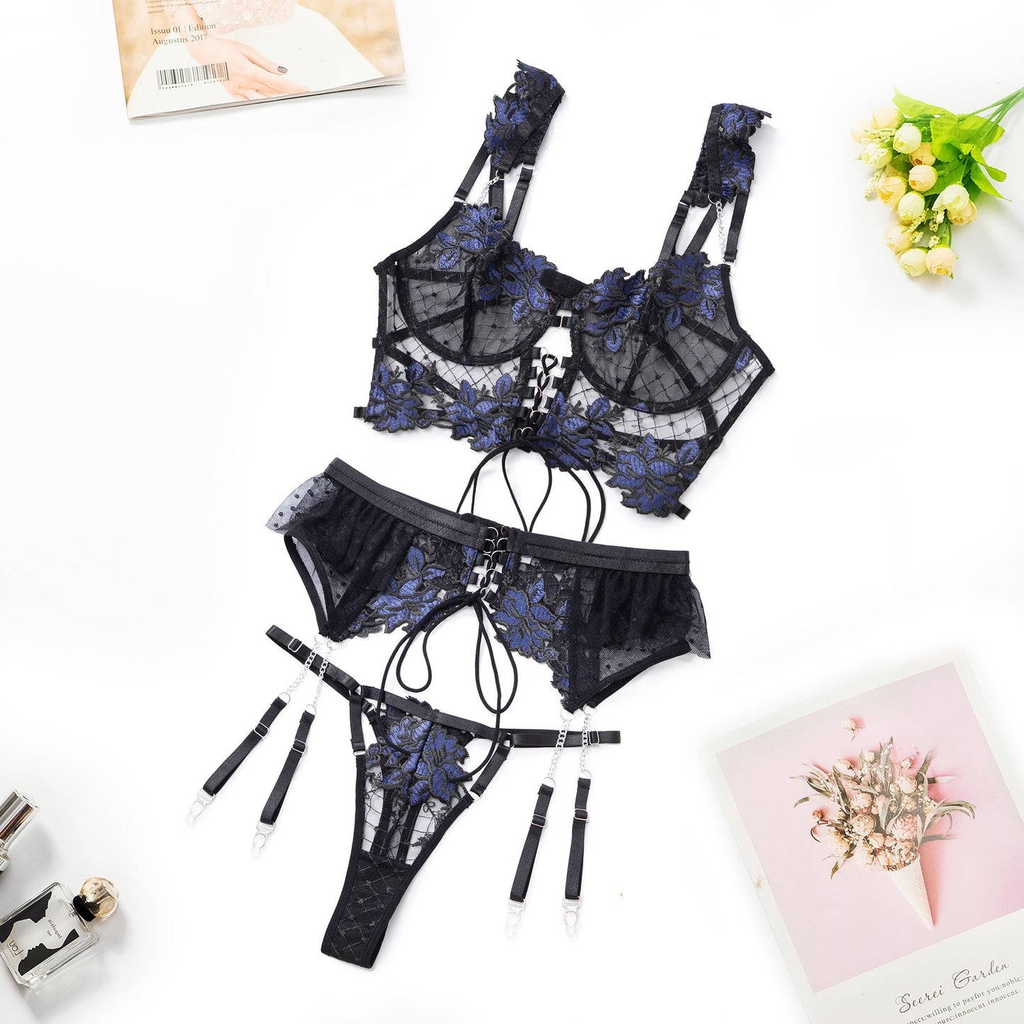 Mesh Flower Thin Embroidery Bra Set