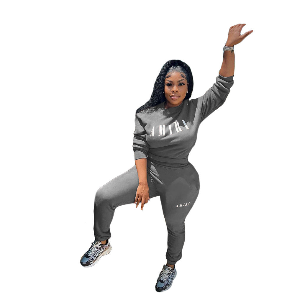 Printed Crew Neck Sweatshirt Two-piece Suit