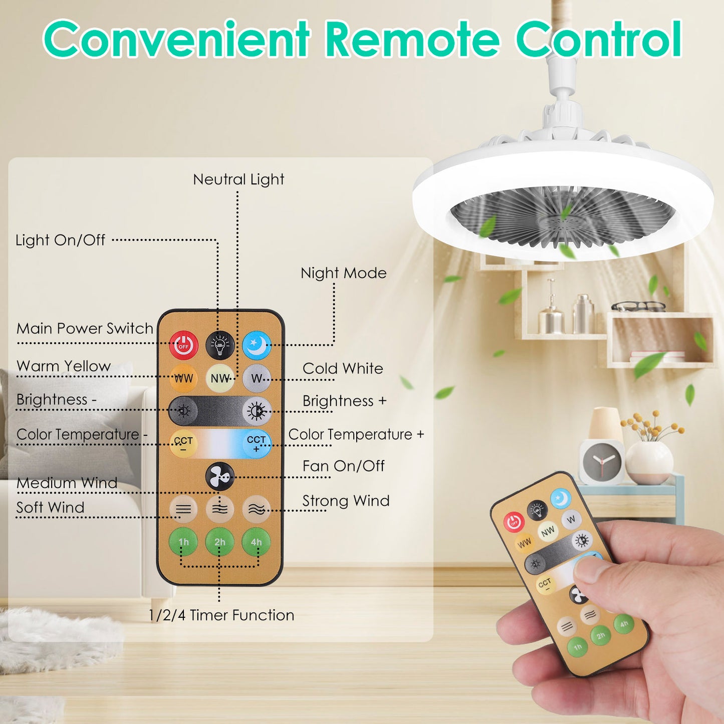 Ceiling Fan With Lights Remote Control 9.44in E27 Socket Fanlight With Dimmable Dimming Light Color Brightness 3 Fan Speed Timer Function