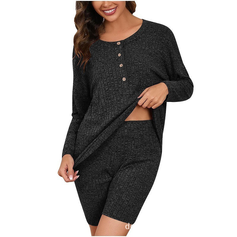 Women's Chic Rib Knitted Long-sleeved Top Shorts