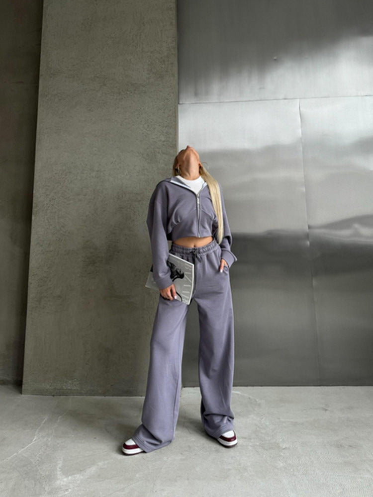 Long Sleeve Zipper Hooded Sweater Solid Color Laced Pants Two-piece Set