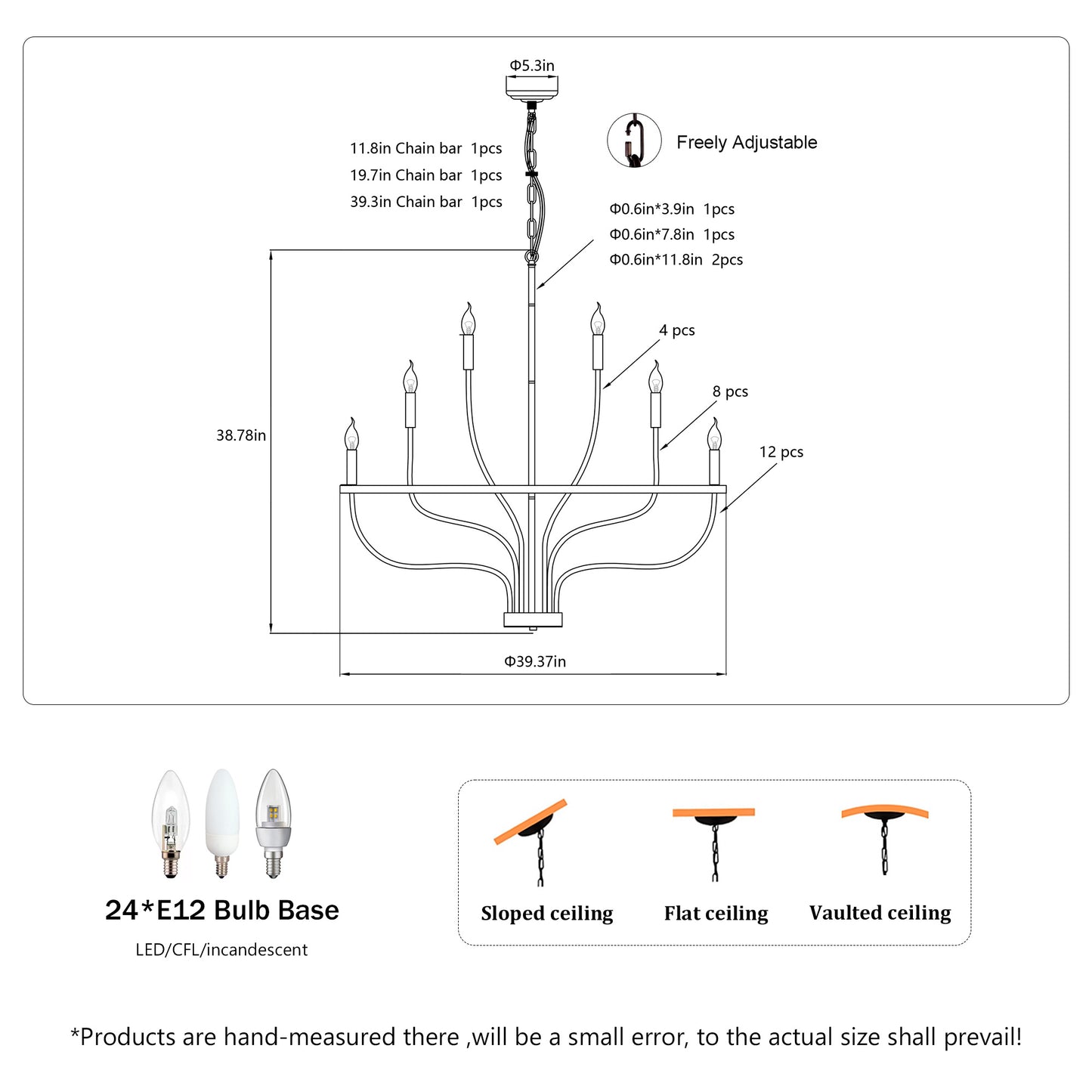 24-Light Black Chandelier Industrial Iron Candle Chandelier