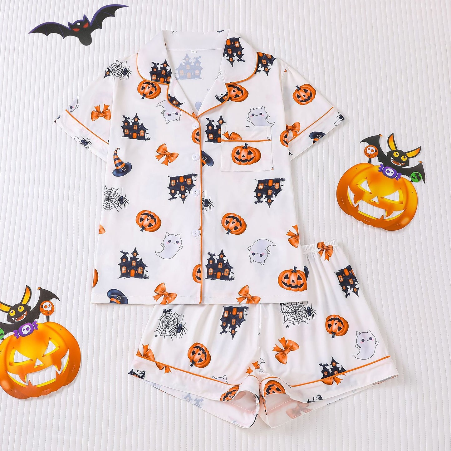 Cuban Collar Halloween Pumpkin Head Women's Short Sleeve Suit