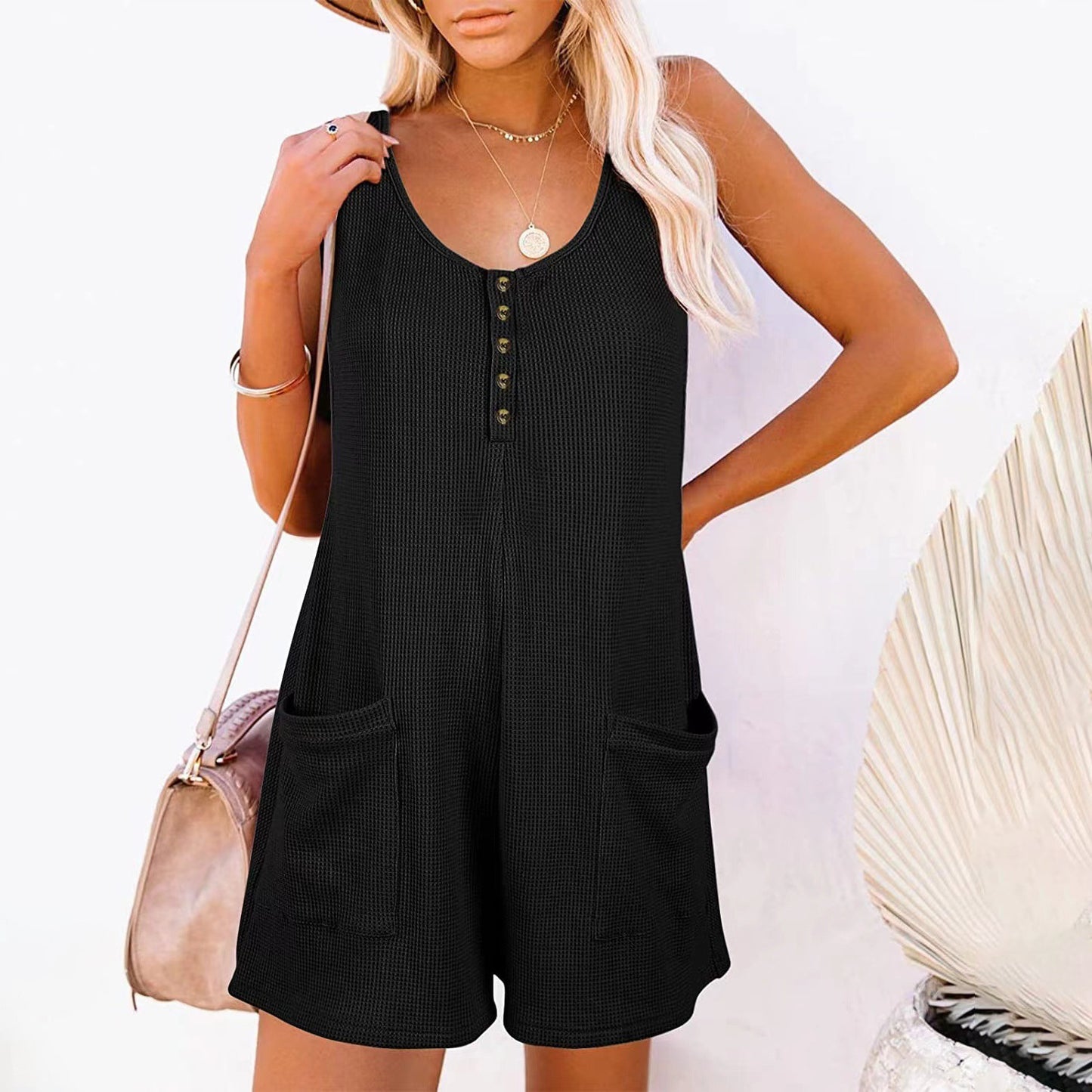 European American Summer New Women's Loose Casual Button Pocket Vest Jumpsuit