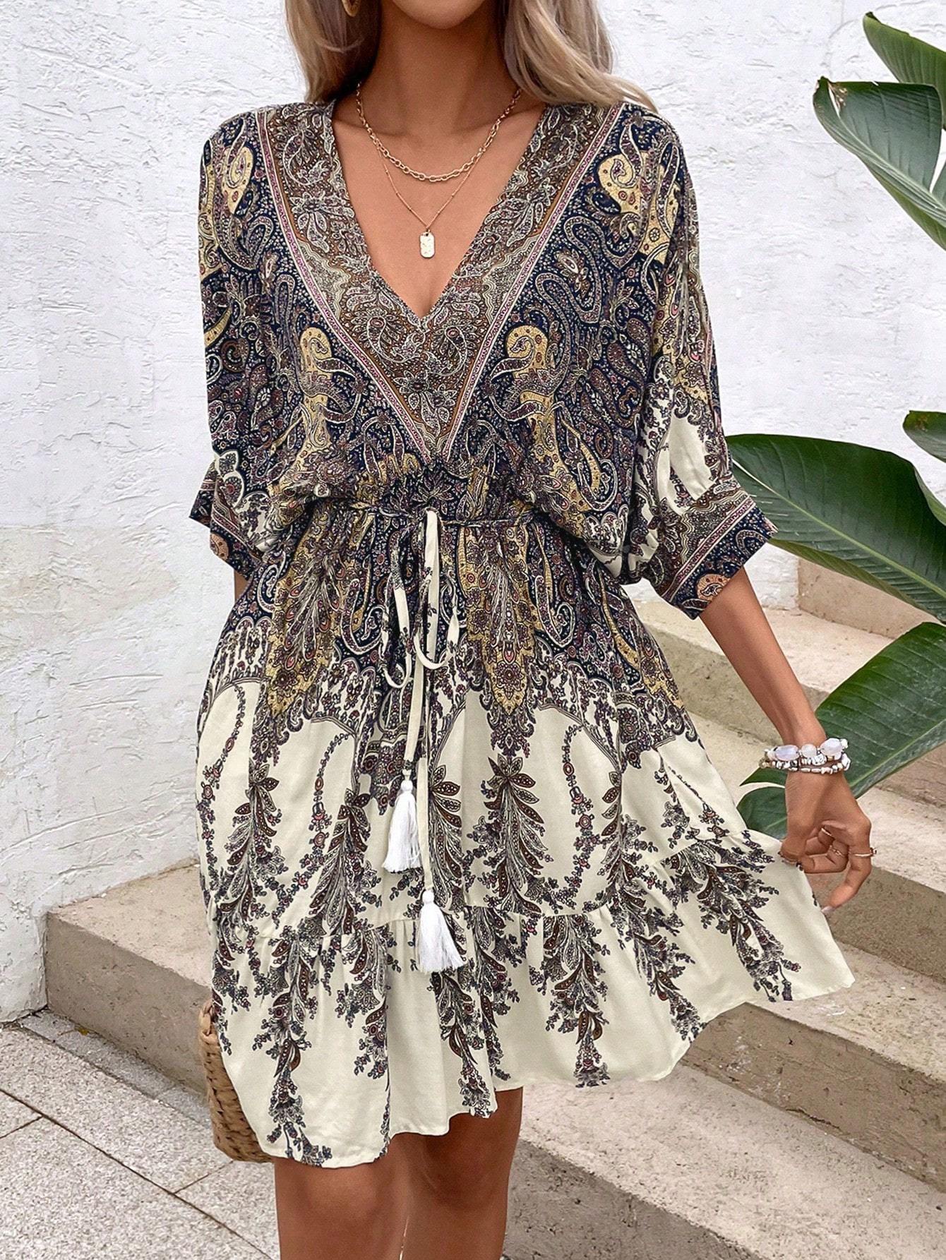 Paisley Print Batwing Sleeve Tassel Tie Front Ruffle Hem Dress