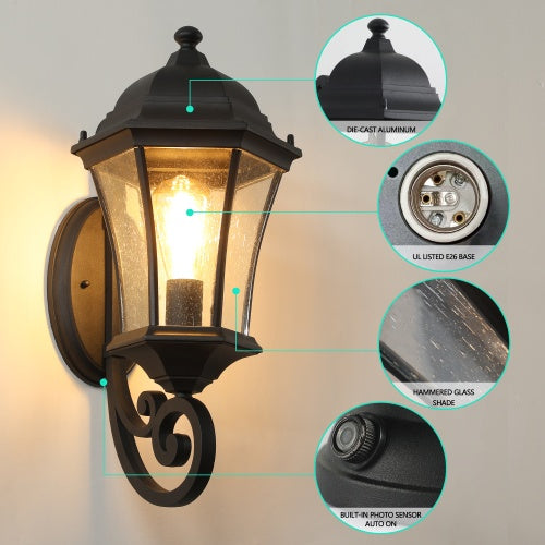Outdoor Waterproof Glass Retro Wall Light Support Many Types Of Bulbs -2 Packs With Light Sensing