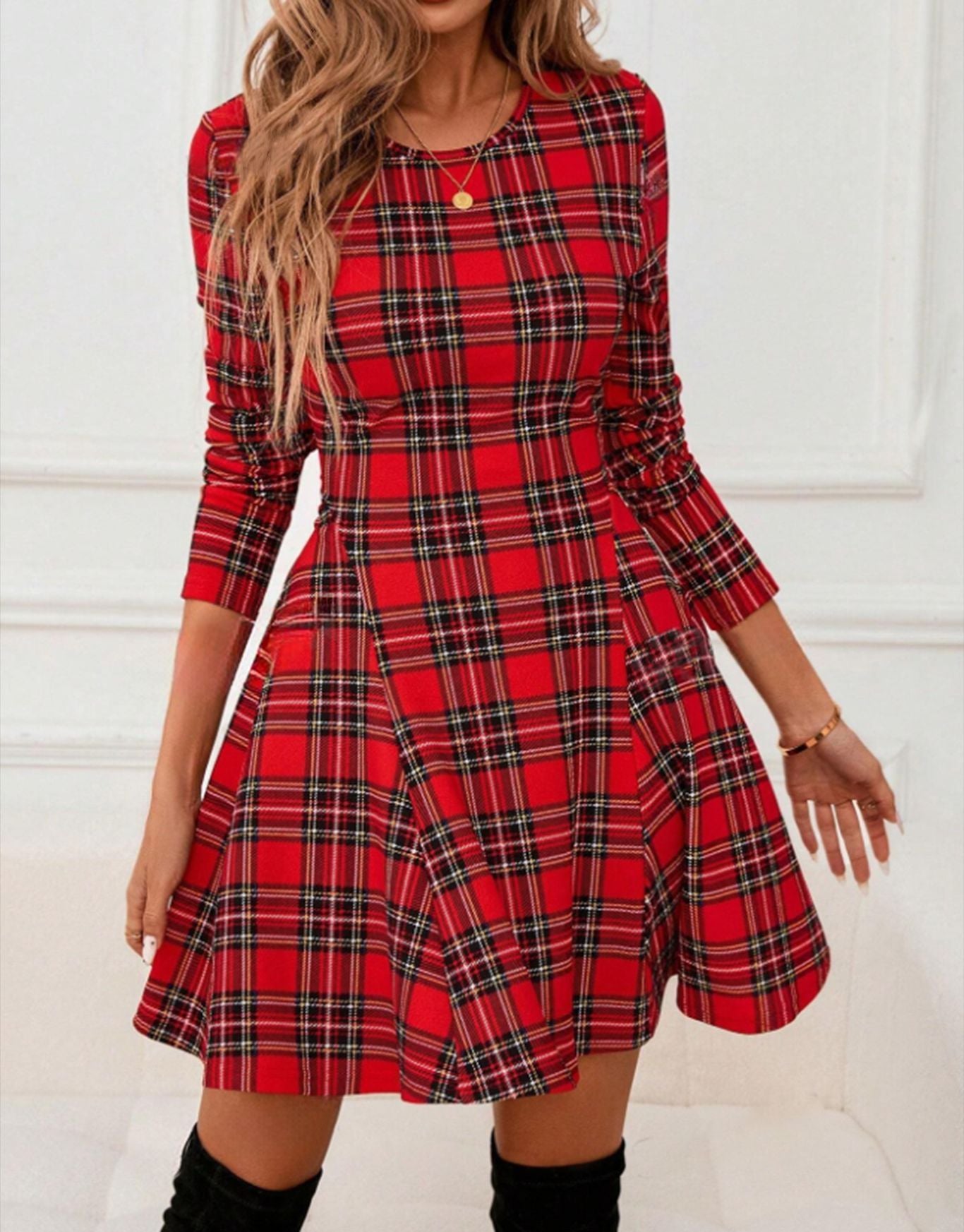 Artistic Vintage Women's Clothing Popular Plaid Slim Fit Dress