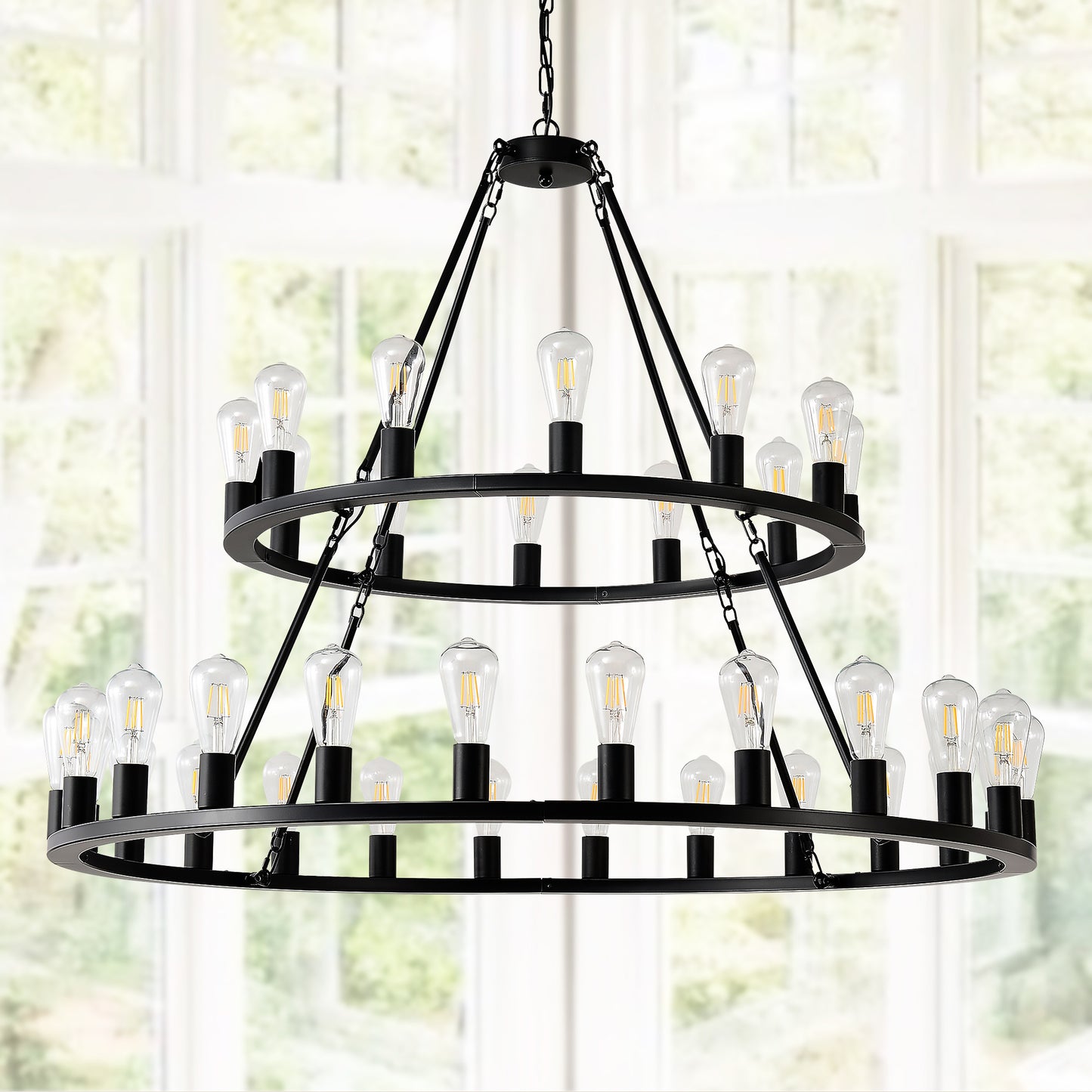 48 Inch Black Extra Large Wagon Wheel Chandelier, 2 Tier 36-Lights