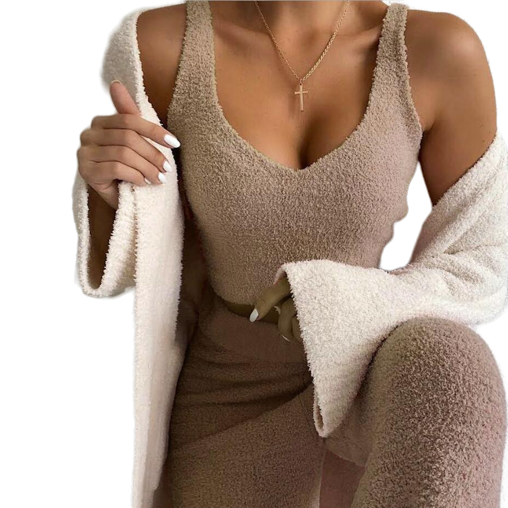 3pcs Womens Clothing Long Sleeve Crop Tank Top And Drawstring Shorts Pajama Set